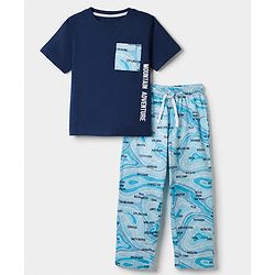 Pine Kids 100% Cotton Knit Half Sleeves T-Shirt & Pyjama Night Suit With Mountain Adventure Text Print & Bio Finish - Navy Blue