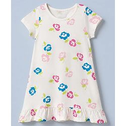 Pine Kids 100% Cotton Knit Half Sleeves Nighty With Floral Print & Bio Finish - White