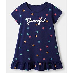 Pine Kids 100% Cotton Knit Half Sleeves Nighty With Floral Print - Blue