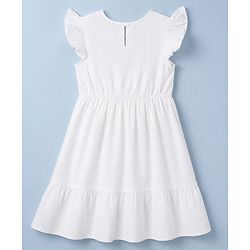 Pine Kids 100% Cotton Woven Fit and Flare Frock with Half, Frill Sleeves and Floral Embroidery in White