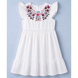 Pine Kids 100% Cotton Woven Fit and Flare Frock with Half, Frill Sleeves and Floral Embroidery in White