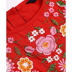 Pine Kids 100% Cotton Woven Fit and Flare Dress with Half Sleeves and Floral Embroidery in Red