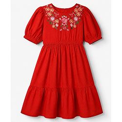 Pine Kids 100% Cotton Woven Fit and Flare Dress with Half Sleeves and Floral Embroidery in Red