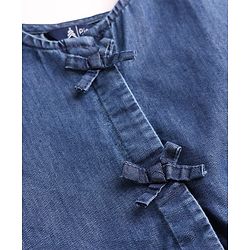 Pine Kids Cotton Blend Denim Top with Puffed Half Sleeves, & Bow Applique - Navy Blue