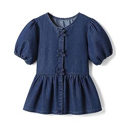 Pine Kids Cotton Blend Denim Top with Puffed Half Sleeves, & Bow Applique - Navy Blue