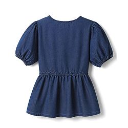 Pine Kids Cotton Blend Denim Top with Puffed Half Sleeves, & Bow Applique - Navy Blue