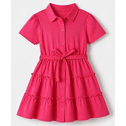 Pine Kids 100% Cotton Knit Half Sleeves Solid Tiered Dress in Pink