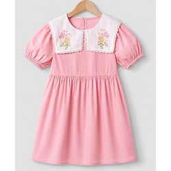 Pine Kids 100% Cotton Woven Dress with Half Puffed Sleeves and Floral Embroidery in Pink