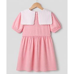 Pine Kids 100% Cotton Woven Dress with Half Puffed Sleeves and Floral Embroidery in Pink