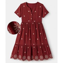 Pine Kids Cambric Woven Fit and Flare Dress with Half Sleeves and Star Embroidery in Rust Orange