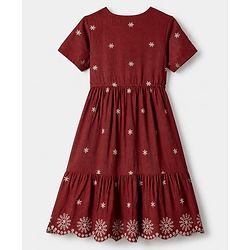 Pine Kids Cambric Woven Fit and Flare Dress with Half Sleeves and Star Embroidery in Rust Orange