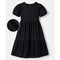 Pine Kids 100% Cotton Woven Frock with Half Puffed Sleeves and Eyelet Pattern Embroidery in Black