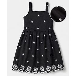 Pine Kids 100% Cambric Woven Fit and Flare Frock with Sleeveless and Flower Embroidery in Black