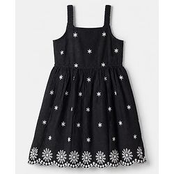 Pine Kids 100% Cambric Woven Fit and Flare Frock with Sleeveless and Flower Embroidery in Black