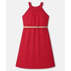 Pine Kids Woven Solid Dress and Belt with Sleeveless in Red