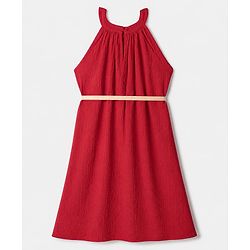 Pine Kids Woven Solid Dress and Belt with Sleeveless in Red
