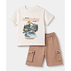 Pine Kids 100% Cotton Knit Half Sleeves T-Shirt and Shorts with Landscape Rules Print & Bio Washed in White