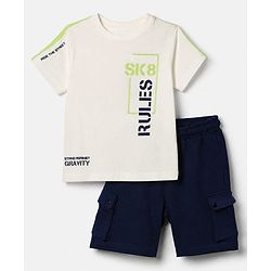 Pine Kids 100% Cotton Knit Half Sleeves T-Shirt and Shorts with Sk8 Rules Print & Bio Washed in White
