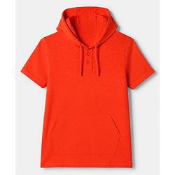 Pine Kids 100% Cotton Knit Half Sleeves Solid T-Shirts with Hooded and Kangaroo Pockets in Orange