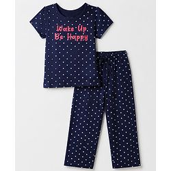 Pine Kids 100% Cotton Knit Half Sleeves T-Shirt & Pyjama Night Suit With Wake up Be Happy Text Print & Bio Finish - Navy Blue