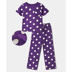 Pine Kids 100% Cotton Knit T-Shirt & Pyjama Co-ords Night Suit With Polka Dot Print in Purple