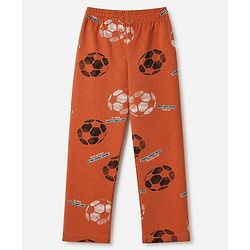 Pine Kids 100% Cotton Knit Front Open Full Sleeve Shirt & Pyjama Night Suit With Football Print - Orange