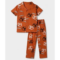 Pine Kids 100% Cotton Knit Front Open Full Sleeve Shirt & Pyjama Night Suit With Football Print - Orange