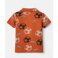 Pine Kids 100% Cotton Knit Front Open Full Sleeve Shirt & Pyjama Night Suit With Football Print - Orange