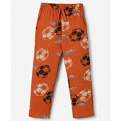 Pine Kids 100% Cotton Knit Front Open Full Sleeve Shirt & Pyjama Night Suit With Football Print - Orange