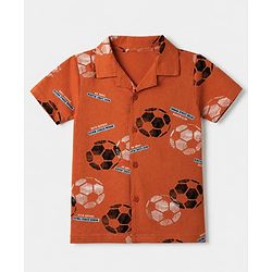 Pine Kids 100% Cotton Knit Front Open Full Sleeve Shirt & Pyjama Night Suit With Football Print - Orange