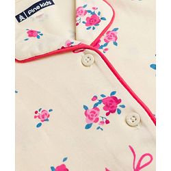 Pine Kids 100% Cotton Knit Half Sleeves Shirt & Pyjama Night Suit With Floral Print & Bio Finish - Cream