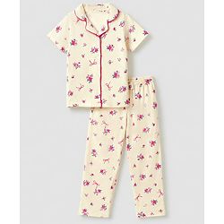 Pine Kids 100% Cotton Knit Half Sleeves Shirt & Pyjama Night Suit With Floral Print & Bio Finish - Cream