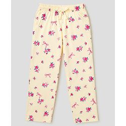 Pine Kids 100% Cotton Knit Half Sleeves Shirt & Pyjama Night Suit With Floral Print & Bio Finish - Cream