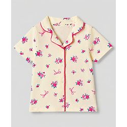 Pine Kids 100% Cotton Knit Half Sleeves Shirt & Pyjama Night Suit With Floral Print & Bio Finish - Cream
