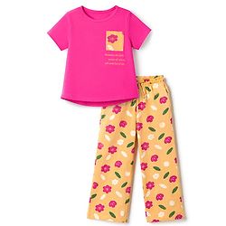 Pine Kids 100% Cotton Knit Full Sleeves Top & Pyjama Night Suit With Floral Print in Pink