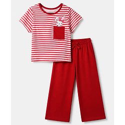 Pine Kids 100% Cotton Knit T-Shirt & Pyjama Night Suit With Bunny Print -White