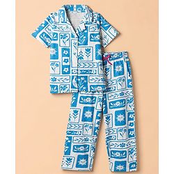 Pine Kids 100% Cotton Knit Half Sleeves Shirt & Pyjama Night Suit With Floral Print & Bio Finish - Blue