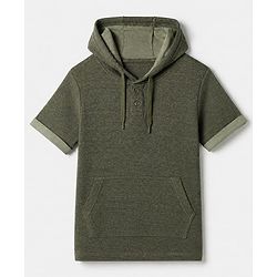 Pine Kids Cotton Mix Knit Solid Hooded T-Shirt with Half Sleeves and Kangaroo Pocket in Olive Green