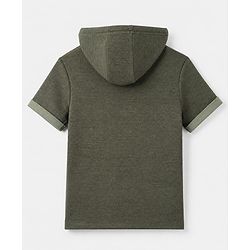 Pine Kids Cotton Mix Knit Solid Hooded T-Shirt with Half Sleeves and Kangaroo Pocket in Olive Green