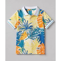 Pine Kids 100% Cotton Knit Polo T-shirt with Half Sleeves and Tropical Print in White
