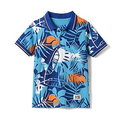 Pine Kids Cotton Knit Half Sleeves Polo T-Shirt with Tropical Print in Navy Blue