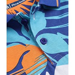 Pine Kids Cotton Knit Half Sleeves Polo T-Shirt with Tropical Print in Navy Blue