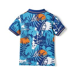 Pine Kids Cotton Knit Half Sleeves Polo T-Shirt with Tropical Print in Navy Blue