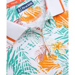 Pine Kids 100% Cotton Knit Polo T-shirt with Half Sleeves and Tropical Print in White