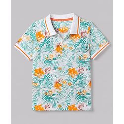 Pine Kids 100% Cotton Knit Polo T-shirt with Half Sleeves and Tropical Print in White