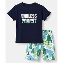 Pine Kids 100% Cotton Single Jersery Knit 180 GSM Half Sleeves T-Shirt & Short Night Suit With Endless Forest Text Print & Bio Wash - Blue
