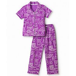 Pine Kids 100% Cotton Knit Half Sleeves Co-Ords Shirt & Pajama Night Suit With Fashion Kit Print - Purple