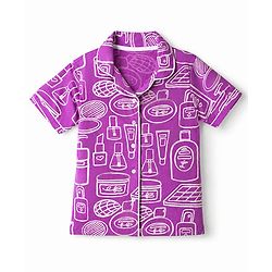Pine Kids 100% Cotton Knit Half Sleeves Co-Ords Shirt & Pajama Night Suit With Fashion Kit Print - Purple
