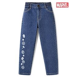Pine Kids Marvel Denim Full Length Jeans with Superhero Symbols Print in Blue