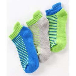 Pine Kids Anti Microbial Ankle Length Socks Striped Design with Anti Microbial Finish Pack of 3 - Green Blue Grey